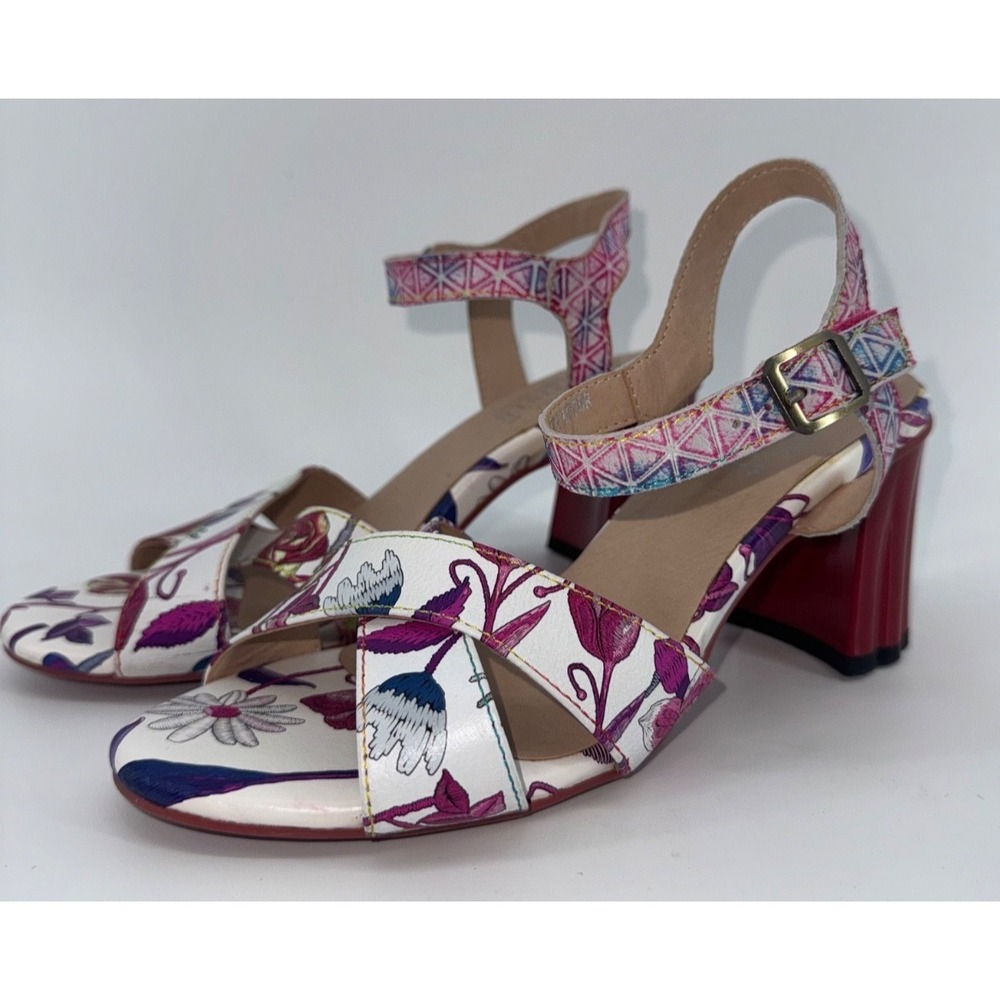 L'Artiste Spring Step Galexia Pink Floral Block Heel Sandals 38 Boho Party